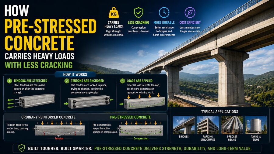 🏗️ How Pre-Stressed Concrete Carries Heavy Loads With Less Cracking
