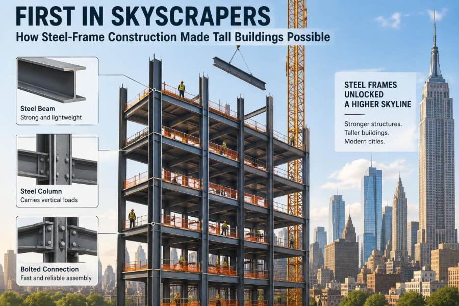 🏗️ First in Skyscrapers: How Steel-Frame Construction Made Tall Buildings Possible
