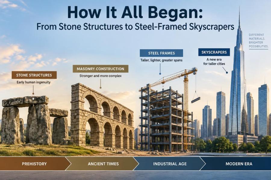 🏗️ How It All Began: From Stone Structures to Steel-Framed Skyscrapers