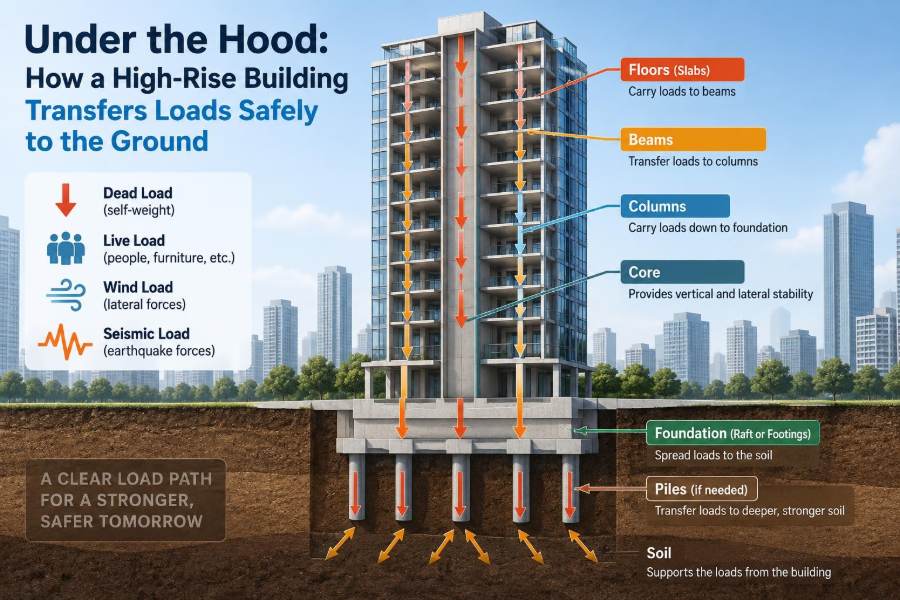 🏗️ Under the Hood: How a High-Rise Building Transfers Loads Safely to the Ground