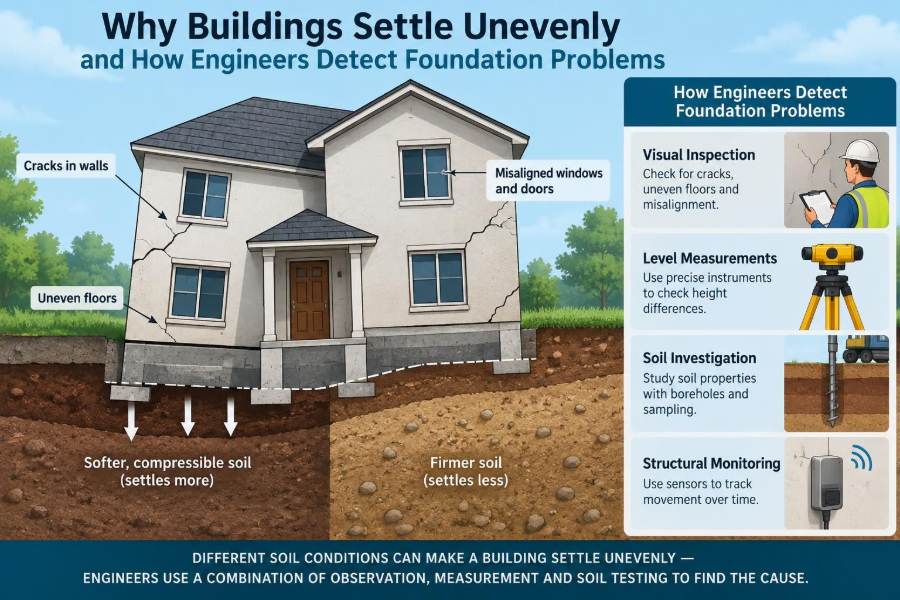 🏚️ Why Buildings Settle Unevenly and How Engineers Detect Foundation Problems