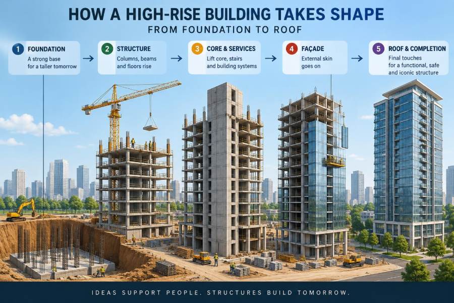 🏗️ How It’s Built: How a High-Rise Building Takes Shape from Foundation to Roof