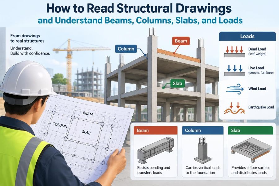 🏗️ How to Read Structural Drawings and Understand Beams, Columns, Slabs, and Loads
