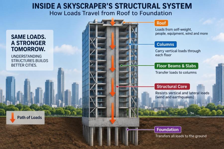 🏗️ Inside a Skyscraper’s Structural System: How Loads Travel from Roof to Foundation