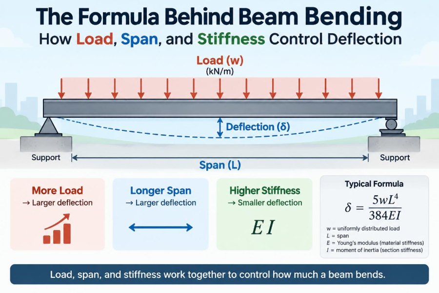 🏗️ The Formula Behind Beam Bending: How Load, Span, and Stiffness Control Deflection